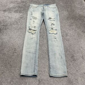 MNML Distressed Skinny Denim Jeans Mens 32 Light Wash Stretch Ripped Casual
